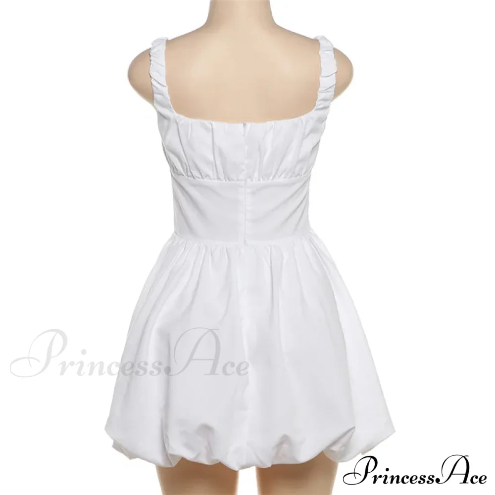 Puff Flare Square Charming Neck Strap Mini Dress