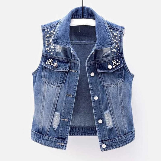 Women's Sleeveless Beaded Denim Vest Jacket