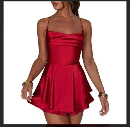 Satin Silk Red Mini Romper Dress Cami Tie-Up
