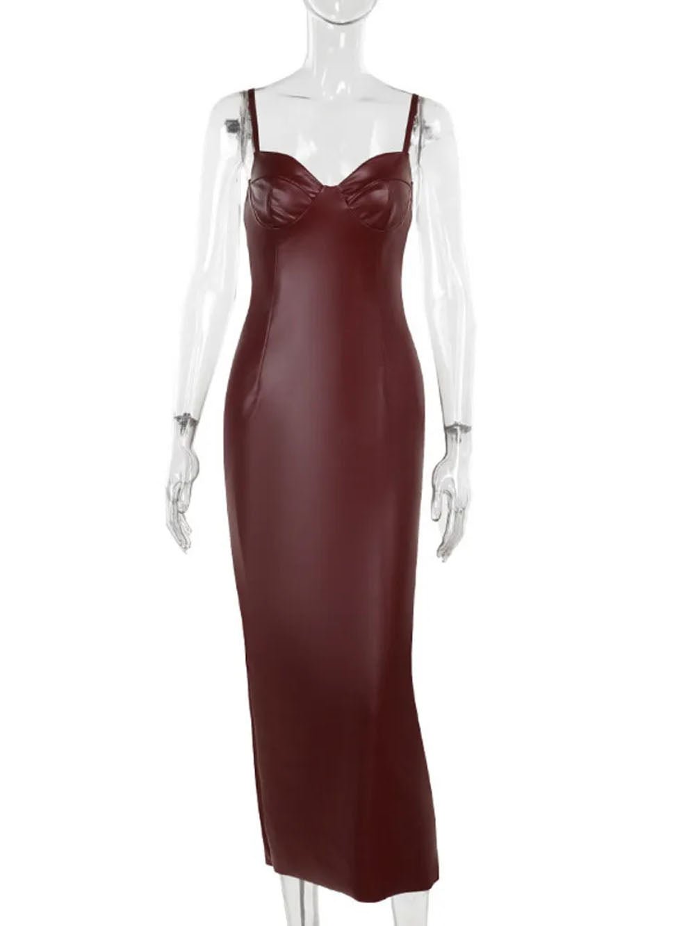 Brown Faux Leather Spaghetti Strap Sweetheart Corset Bodycon Maxi Dress