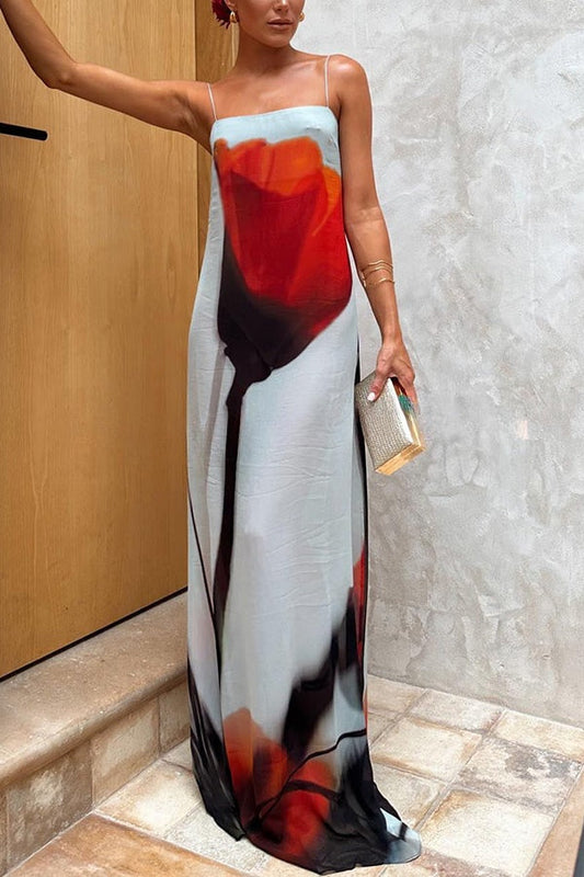 ® Seasonal Blooms Abstract Tulip Print Slip H-line Vacation Maxi Dress