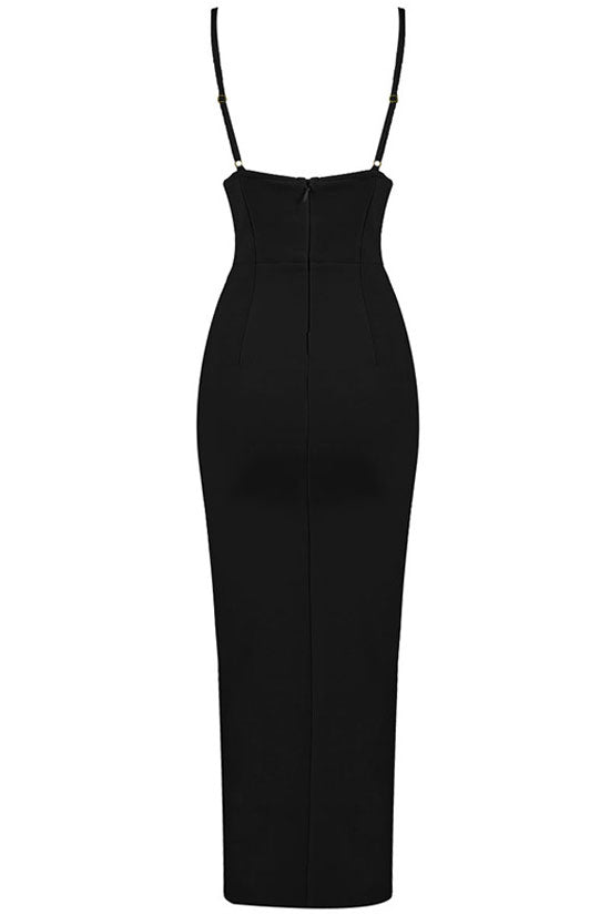 Sweetheart Plunge V-Neck Spaghetti Strap High Slit Bandage Maxi Dress