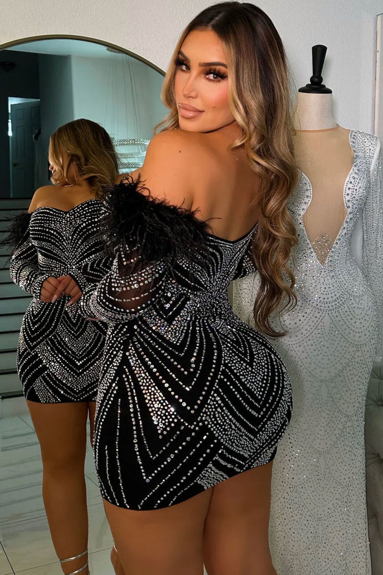 Off Shoulder Feather Trim Rhinestone Embellished Long Sleeve Bodycon Mini Dress