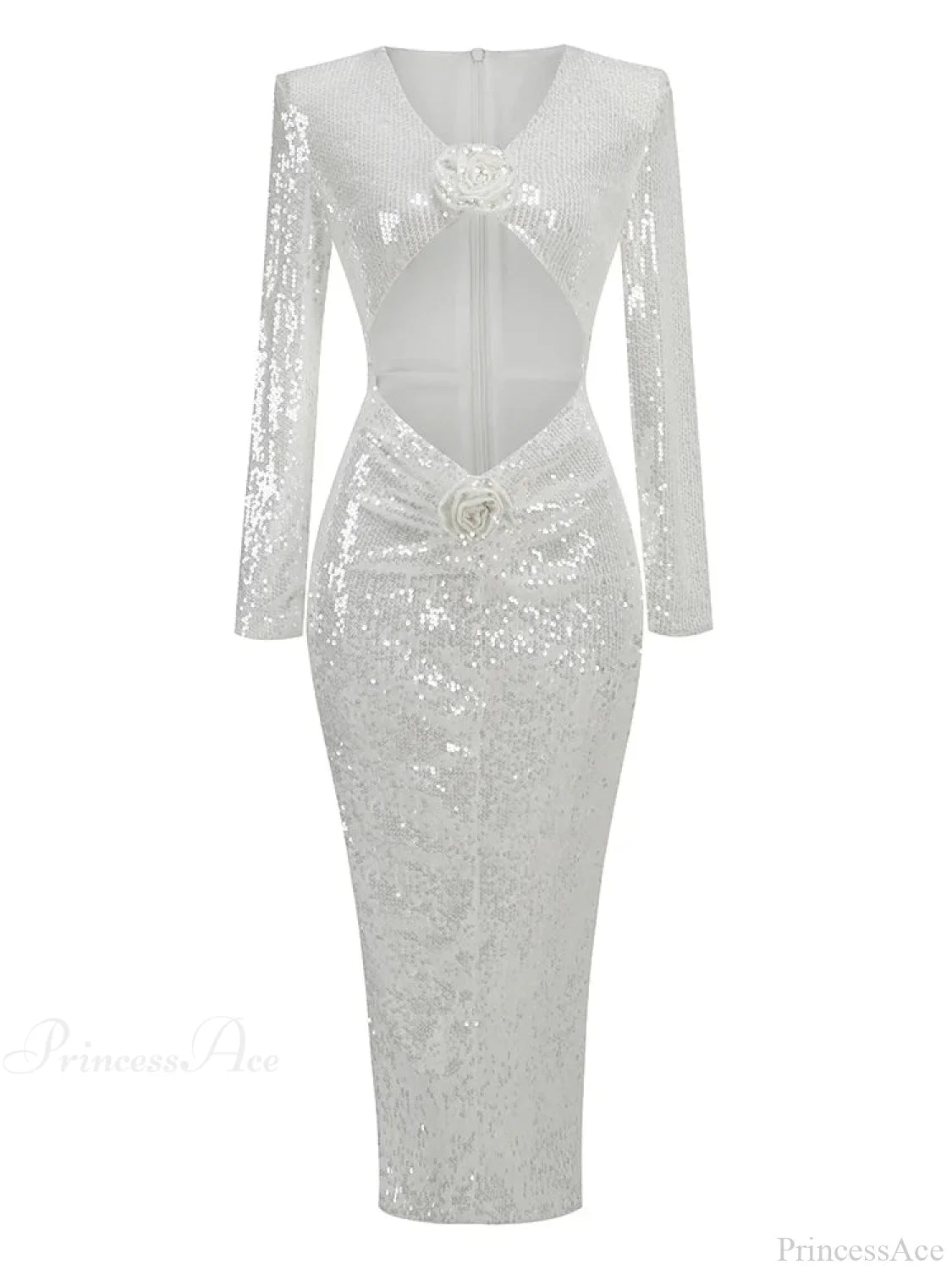 Sexy V Neck Sequins Cutout 3D Flower Dress Long Sleeves Party Dress