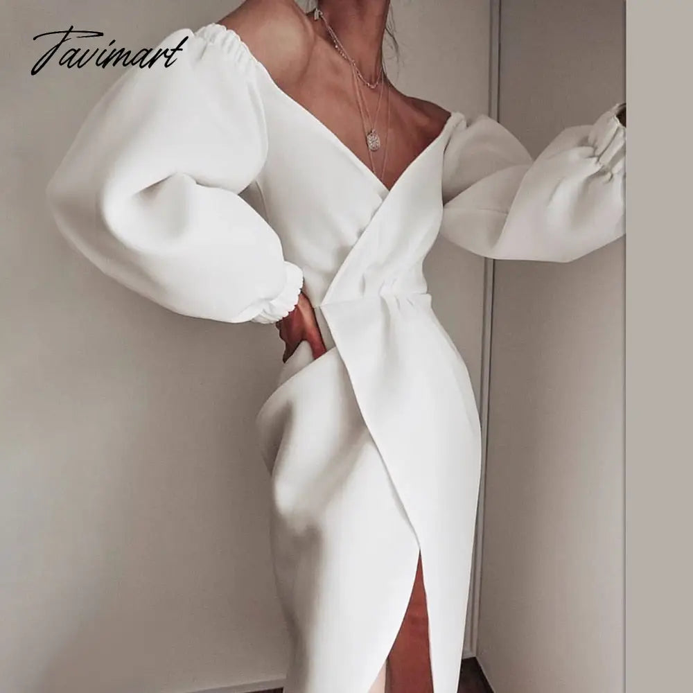 Sexy V Neck Women Wrap Dress Lantern Sleeve Slit Dresses Night Celebrate White Black Party Date Robe Vestidos Female New Fashion