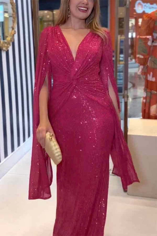 Shine Brighter Sequin Cape Sleeve Cross Waist Evening Maxi Dress