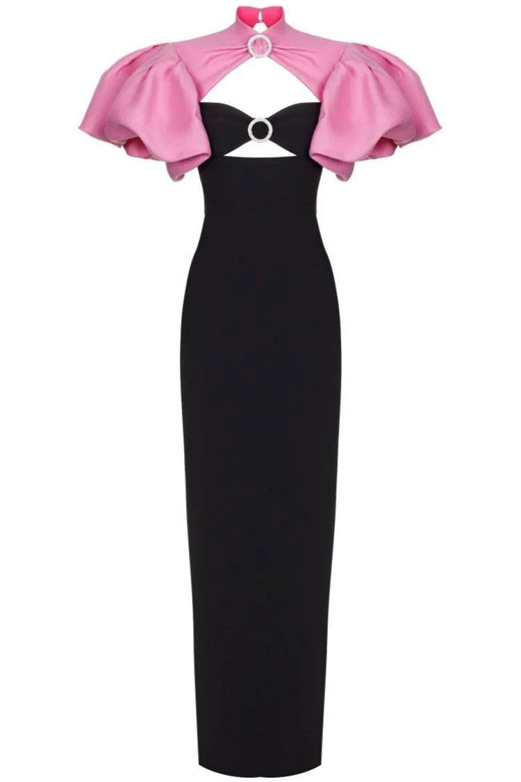 Rhinestone Buckle Sweetheart Cutout Bodice Satin Puff Sleeve Bolero Maxi Dress