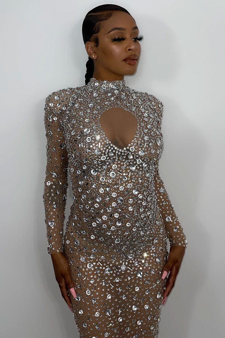 Rhinestone Embellished Mock Neck Keyhole Sheer Mesh Long Sleeve Maxi Dress