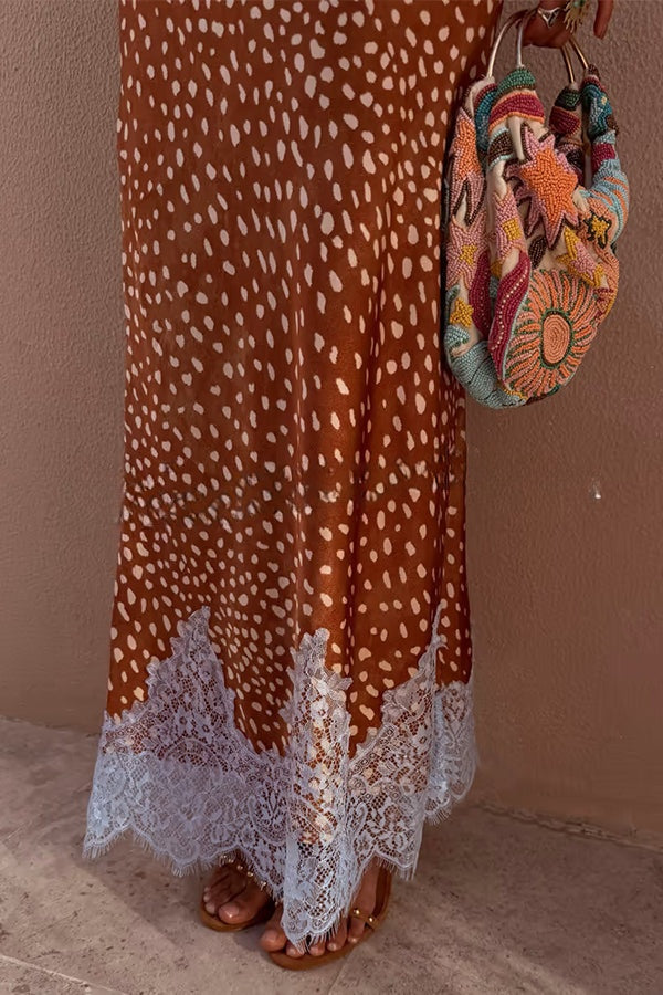 Stunning Fawn Print Contrast Color Satin Lace Trim Mid Rise Maxi Skirt