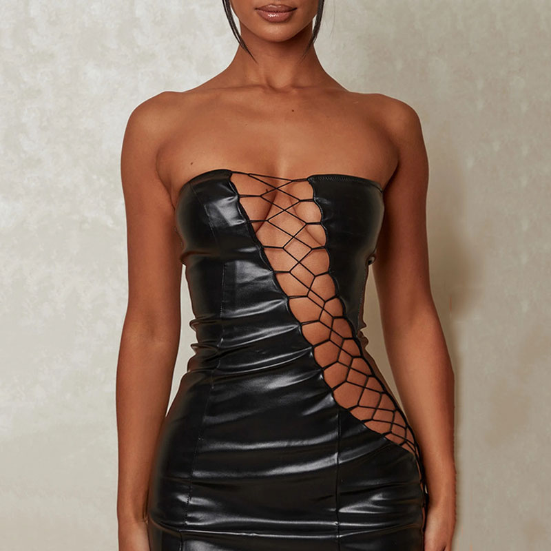 Strapless Diagonal Lace Up Cutout Faux Leather Bodycon Mini Dress