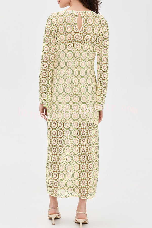 Summer Fashion Floral Crochet Cutout Fabric Long Sleeve Slit Vacation Midi Dress