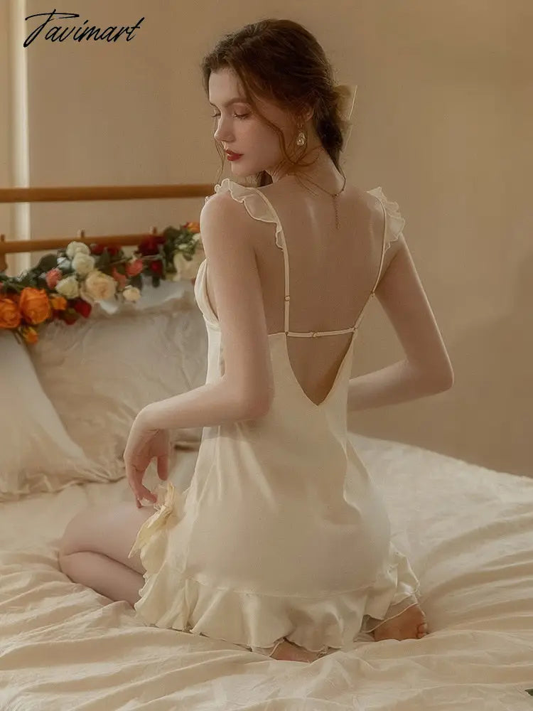 Sweet Kawaii Nightgowns Ruffles Bowknot Lounge Wear Sleepwear Evening Gowns Sexy Women Pajamas Ice Silk Swing Collar Sleep Dress