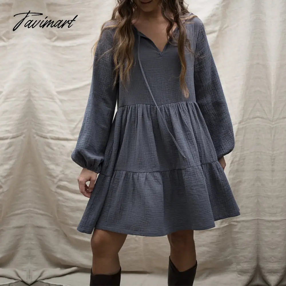 100% Cotton Crepe de chine Elegant Dresses For Women V-Neck Latern Long Sleeve Ruffles Holiday Beach Party Dress With Pocke