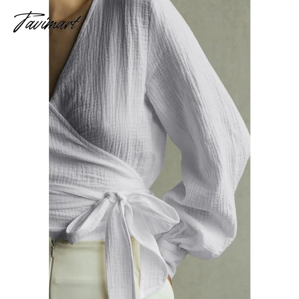 100% Cotton Gauze Muslin Shirts And Blouses Sexy V-Neck Long Sleeve Top Bandage Lace Stylish Women'S Blouse Camisas