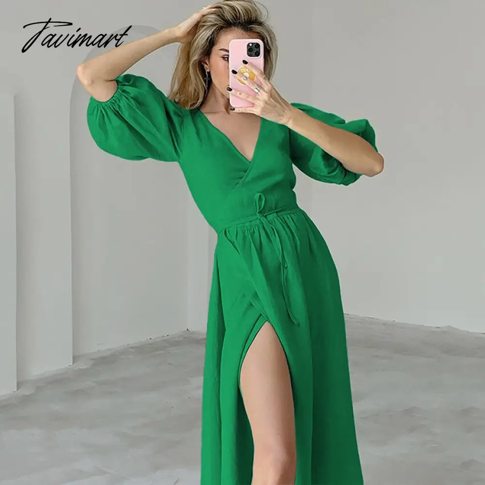 100% Cotton Summer Women's Dress Sweet Puff Sleeve V-Neck Bandage Lace Up Open Side Holiday Beach Elegant Party Dresses Vestidos
