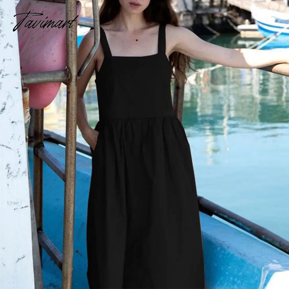 100% Linen Elegant Women's Dress Sexy Sleeveless Sqaure Collar Back Cross Long Midi Party Dress With Pockets Summer Clothes