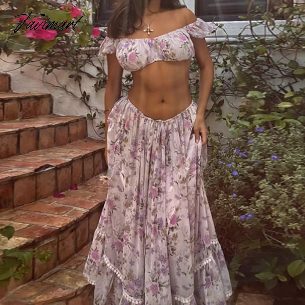 2 Piece Set Y2K Floral Off Shoulder Crop Tops + Loose Ruffles A-line Skirt 90s Vintage Backless T-shirt Women Holiay