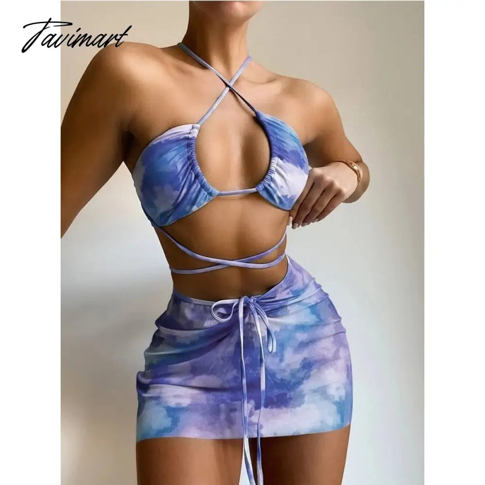 3 Piece Bikini Set Summer Bathing Suits Women Print Halter Swimwear Ladies Padded Split Swimsuits Beachwear with Cover Up