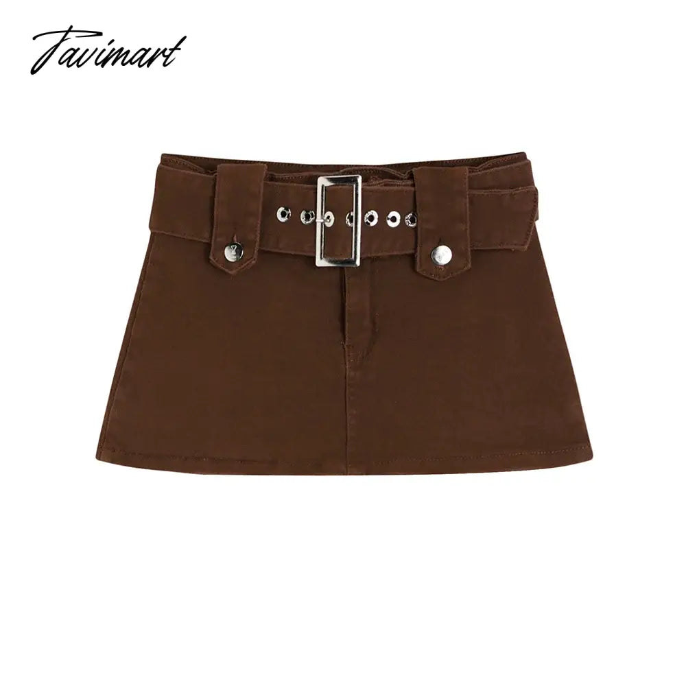 Autumn Brown Sexy Club Trendy Street Pocket Slim Workwear Denim Mini Skirt High Waist A-line Wrapp Hip Short Jean Skirt New