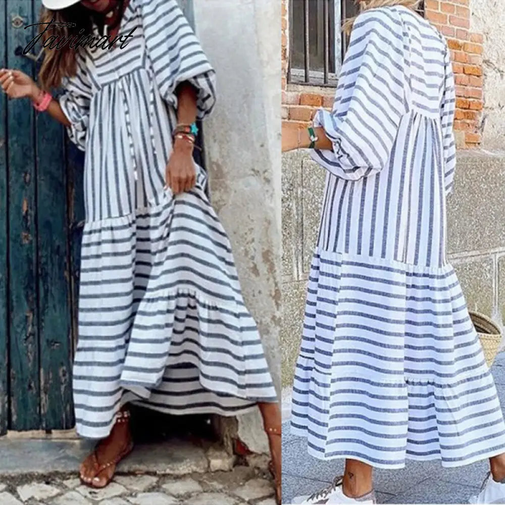 Autumn Fashion Striped Print Long Dress Ladies Casual Puff Sleeve V-Neck Lace-Up Dress Women Simple Loose Commuter Dresses