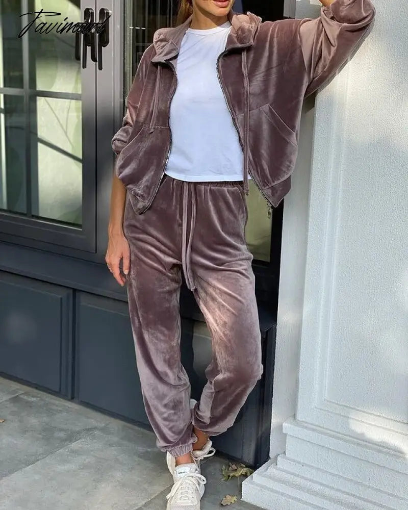 Autumn Female Long Sleeve High Waisted Velvet Hooded Pant Sets Solid Color Women Winter Casual Korean Fashion Outfits