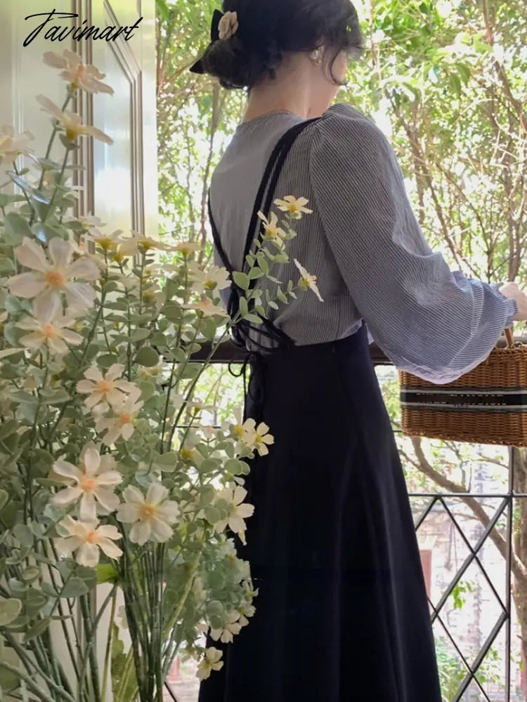 Autumn French Vintage Two Piece Set Women Patchwork Striped Party Midi Skirt Suit Female Long Sleeve Bow Elegant Skirt Set
