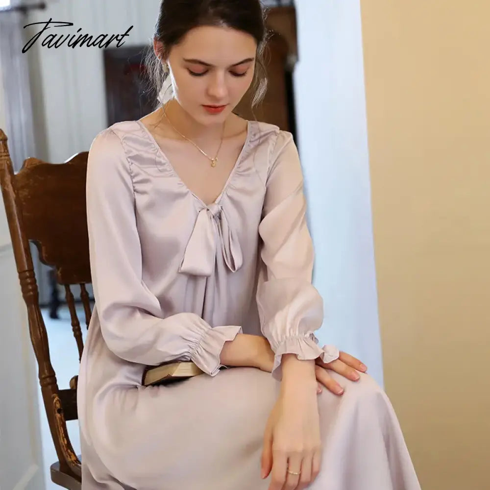 Autumn New Style French Viscose Long Women's Nightgown Long Sleeve Bow Silk Sexy Elegant Loose-Fit Slimming Pajamas Home Wear
