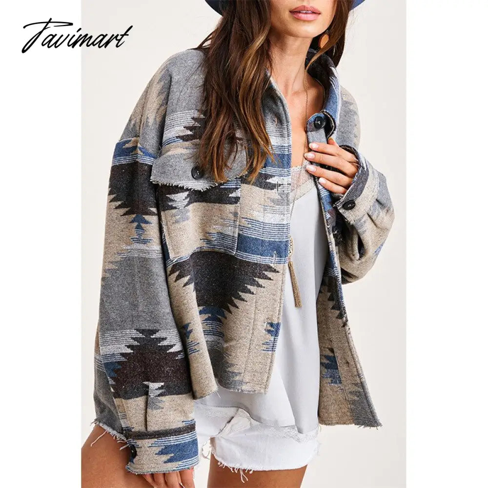 Autumn Winter Fashion New Coat Vintage Retro Ethnic Geometric Print long-sleeved Cardigan Woolen Coat Women