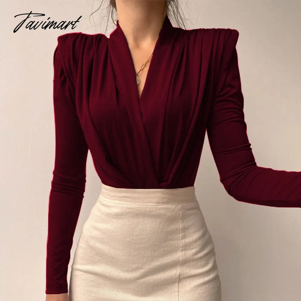 Autumn Winter Ladies Elegant Shoulder Padded Bodysuit Top Bodycon Sexy V Neck Long Sleeve Jumpsuits Fashion Streetwear Blouses