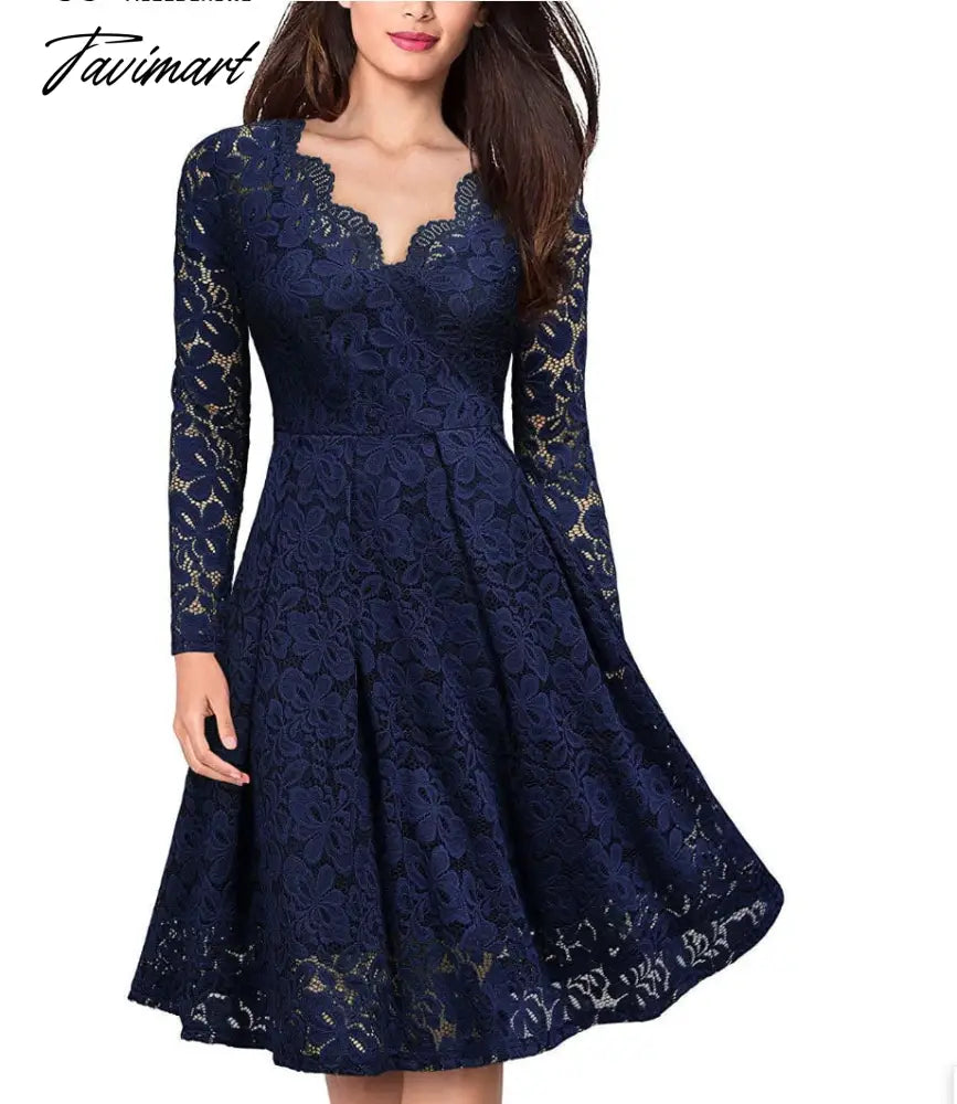 Autumn Winter Women V-Neck Lace Flower Elegant Casual Dress Lined Long-Sleeved Fashion Lady A-Line Formal Evening Gowns Dress