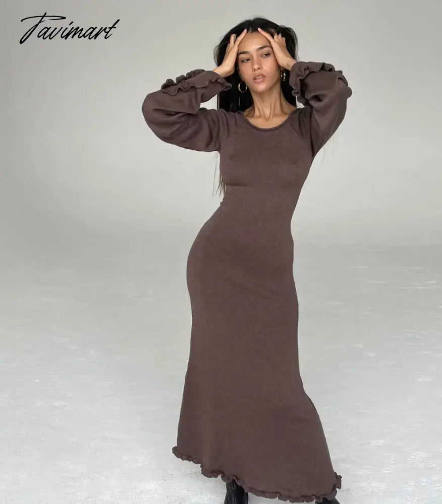 Autumn Women Sexy Backless Slim Comfortable High Waist Lace-Up A-Line Dress Trumpet Sleeve O-Neck Wooden Ear Edge Dress