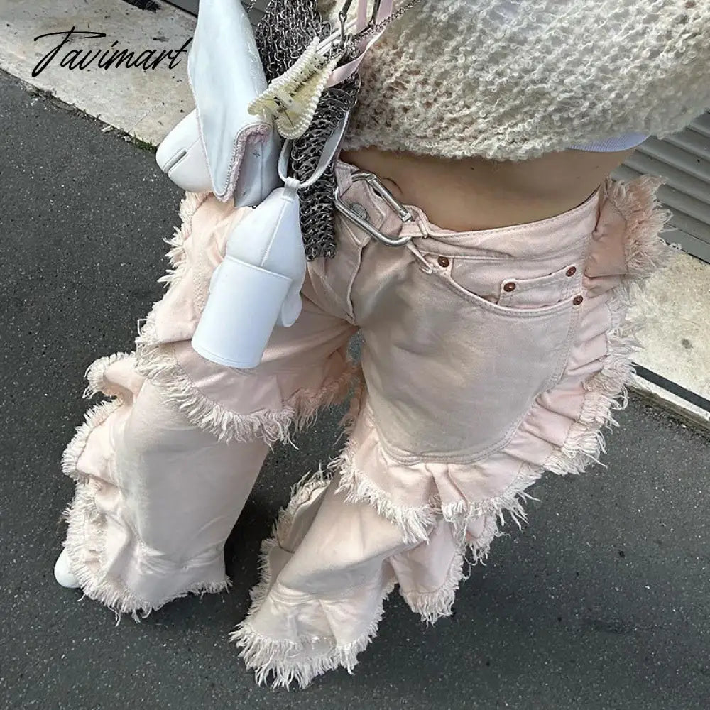 Autumn Y2K women's pink denim high-waist zipper splicing tassel loose characteristic street fashion flared trousers