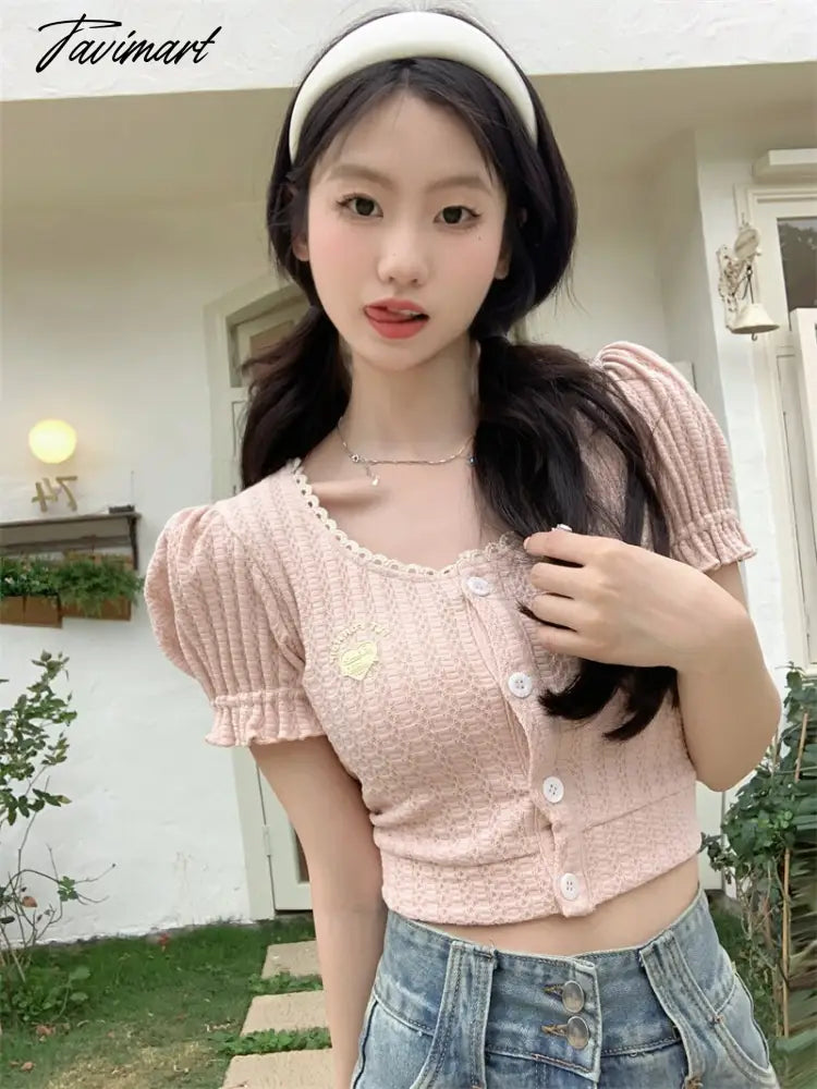 Backless Lace-up Design Tees Puff Sleeved T-shirts O Neck Crop Y2k Tops Summer Camisetas Korean Fashion Ropa De Mujer