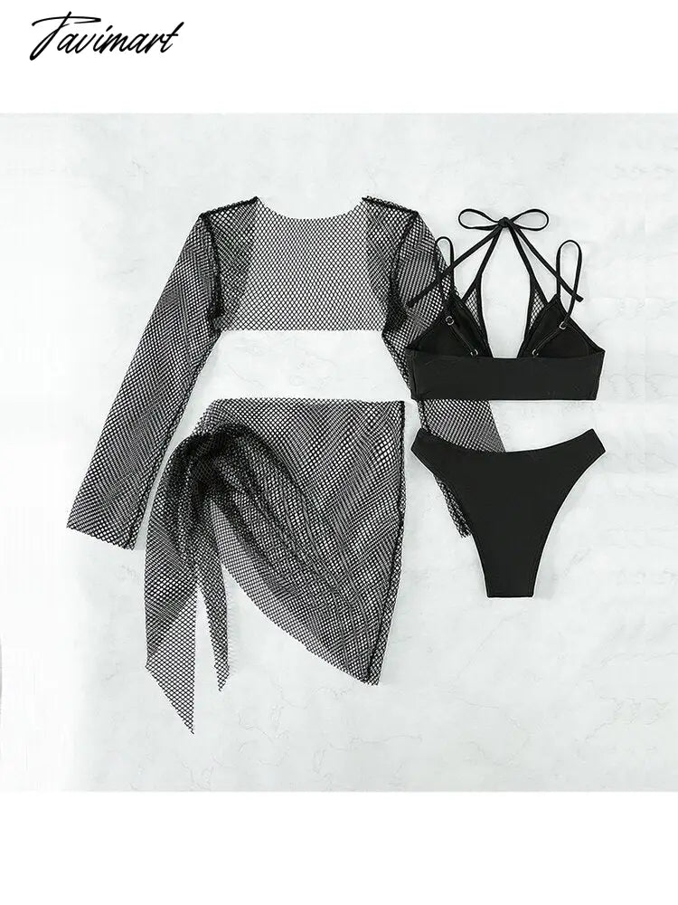 Bikini Women Swimsuit New Black Lace Up Bikinis Set Sexy Swimwear 4 Piece Beach Cover Up Summer Bathing Suit for Female