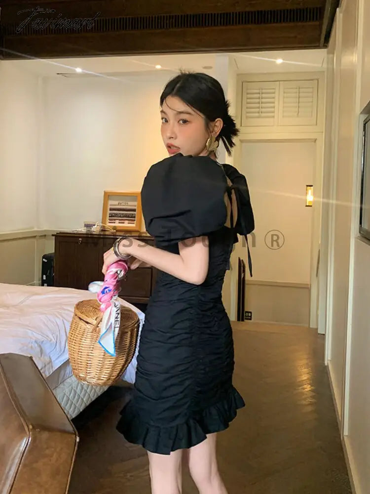 Black Korean Style Elegant Dress Women Sumemr Bubble Sleeve France Vintage One-piece Dress Casual Sexy Party Mini Dress New