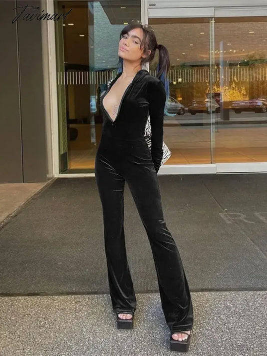 Black Slim Romper Women Long Sleeve Hooded Jumpsuits Zipper Sexy One Piece Outfit Fashion Enterizos Para Mujer Largos Elegantes