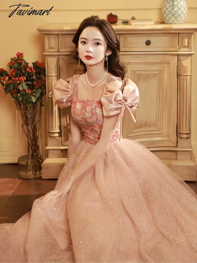 Blingbling Prom Dress Luxury Satin Sequins Sexy Backless Lace Up Bubble Sleeves Square Neck Long Tulle Birthday Party Gowns