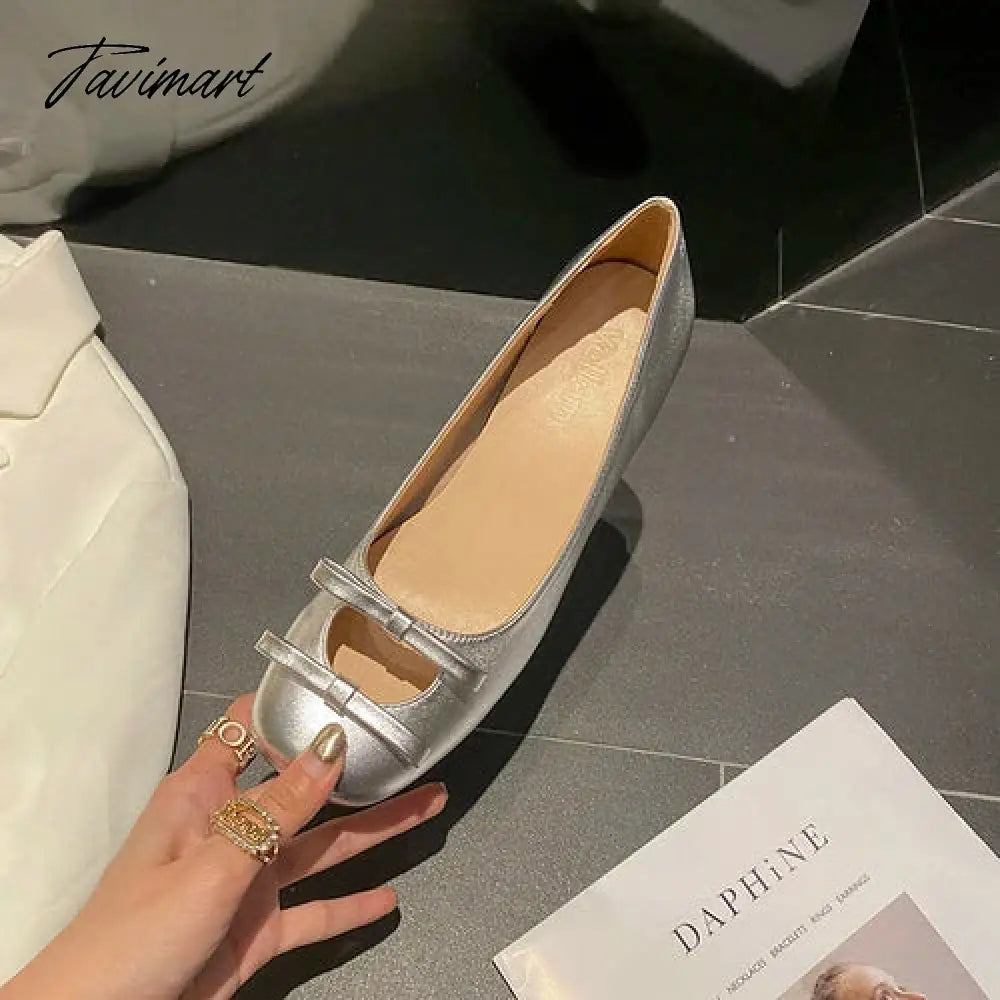 Bow knot square toe thick heel Mary Jane shoes women's shallow mouth girls French all-match patent leather ballet shoes
