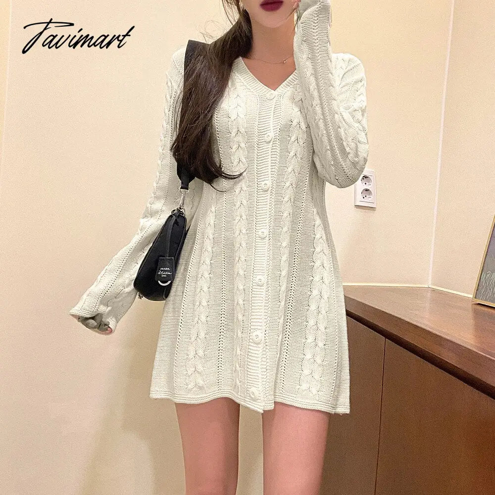 Button Knitted Sweater V-Neck Single Breasted Party Sexy Mini Dress Women Long Sleeve Casual Dresses Korean Autumn Winter