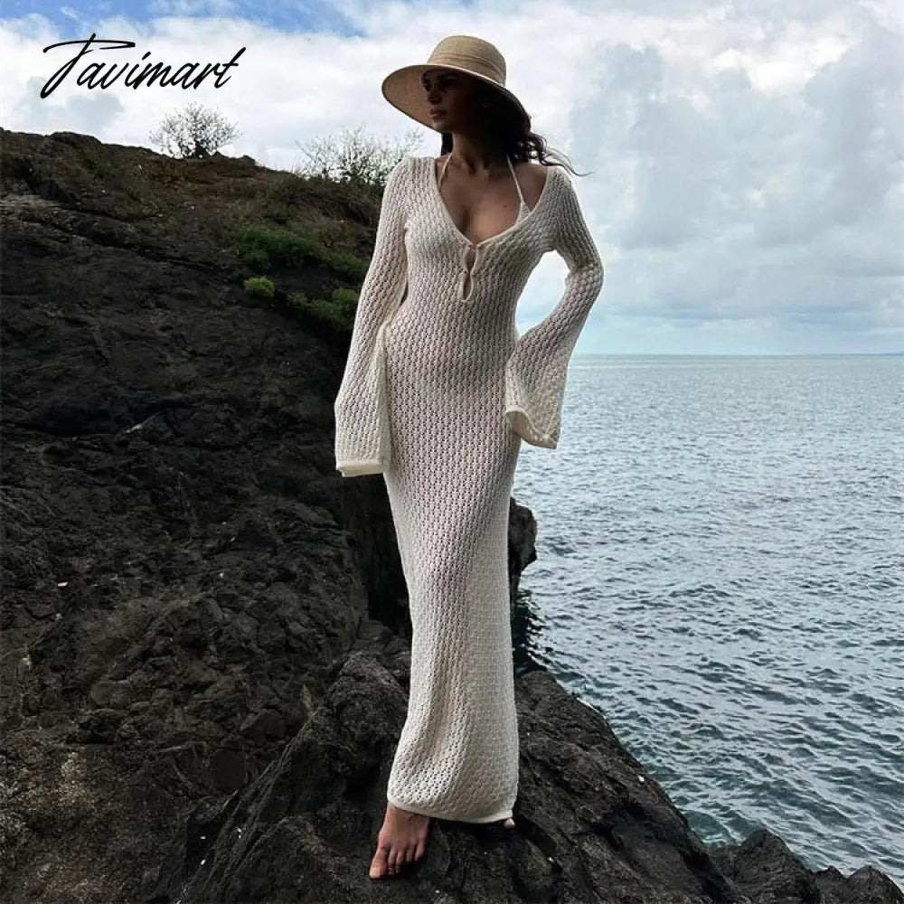 Casual Crochet Long Sleeve Backless Sexy V-Neck Bodycon Elegance Evening Dress Autumn Hollowed Out Beach Knit Long Dress