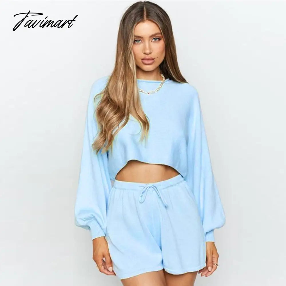 Casual Loose Knitwear Tops Shorts Set Women's O-Neck Long Sleeve Hemming Knitwear & Drawstring Shorts Two-piece Set A1830