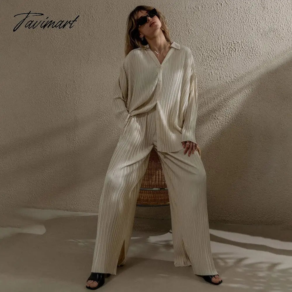 Casual Loose Shirts Pants Set Woman Two Pieces Elegant Solid Color High Waist Pant Suit Fashion Pleated Home Wide Trouser Suits