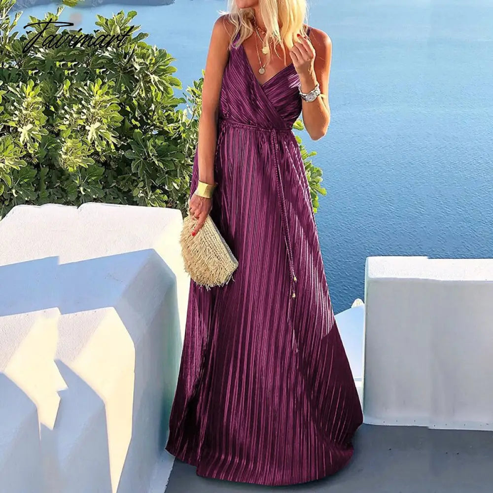 Chic Waist A-line Dresses Elegant Women Loose Sleeveless Summer Dress Lady Fashion Solid V-neck Big Hem Party Long Dress