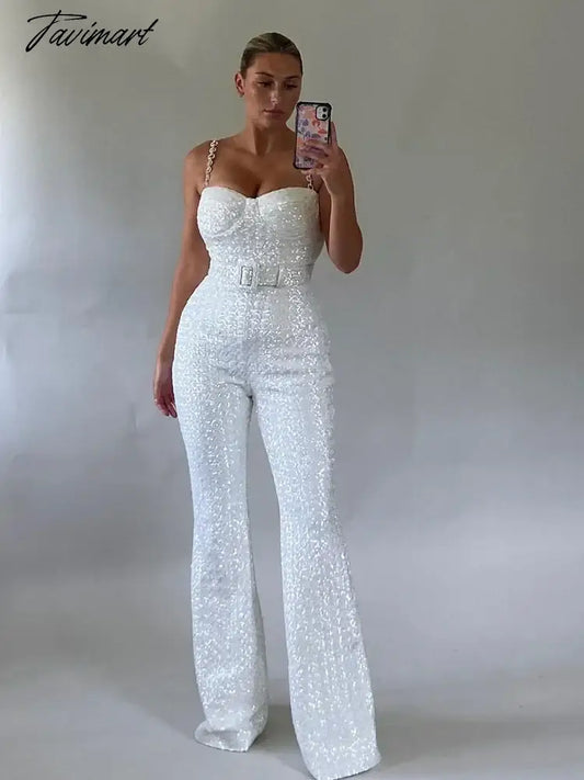 Chic Women Sequin Jumpsuits Newest Metal Strap Sex Belt Tube Top Slim Fit Party Romper for Female Shiny High Waist Solid Rompers