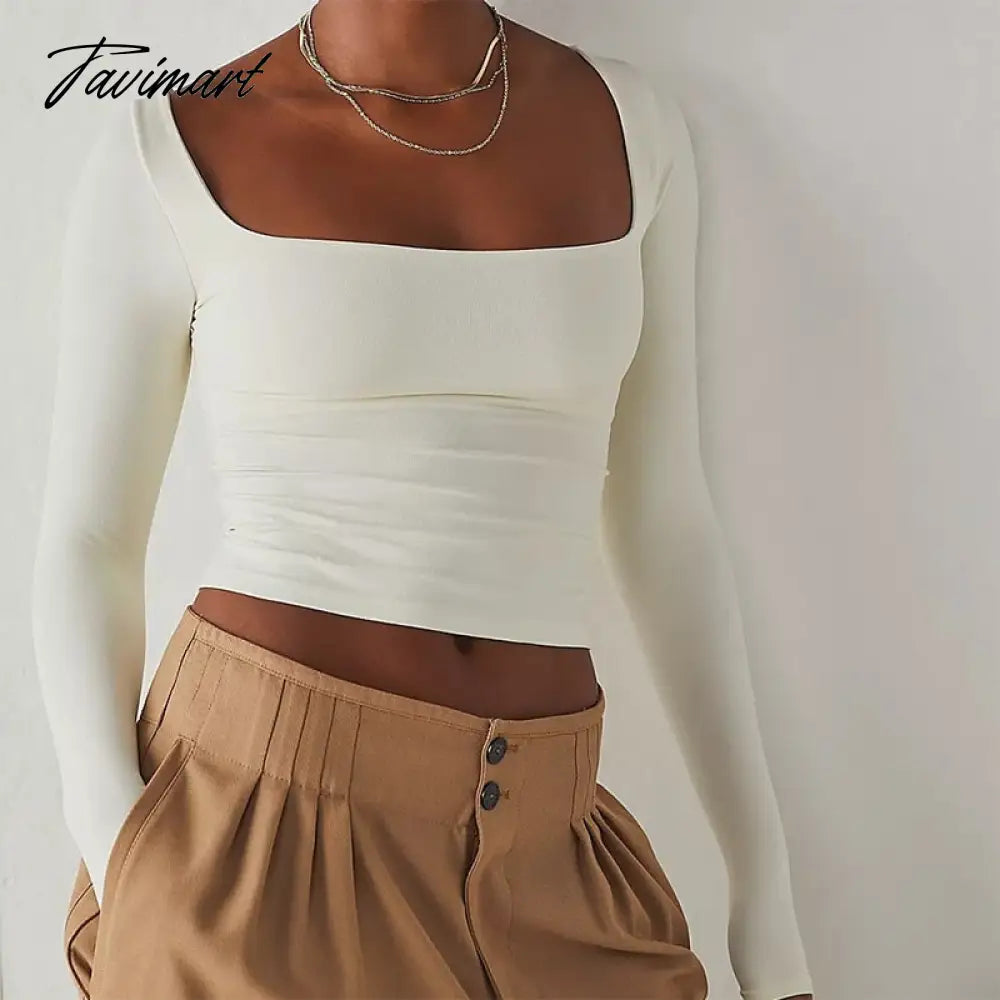 Chic Women T-shirt Spring Autumn Square Collar Long Sleeve Basic Tees Ladies Slim Fit Crop Tops Casual Streetwear