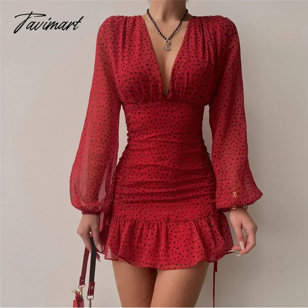 Chicme Fashion Women All Over Print Ruched Bodycon Dress Lantern Sleeve Ruffle Hem Dress Plunge V neck Long Sleeve Mini Dress