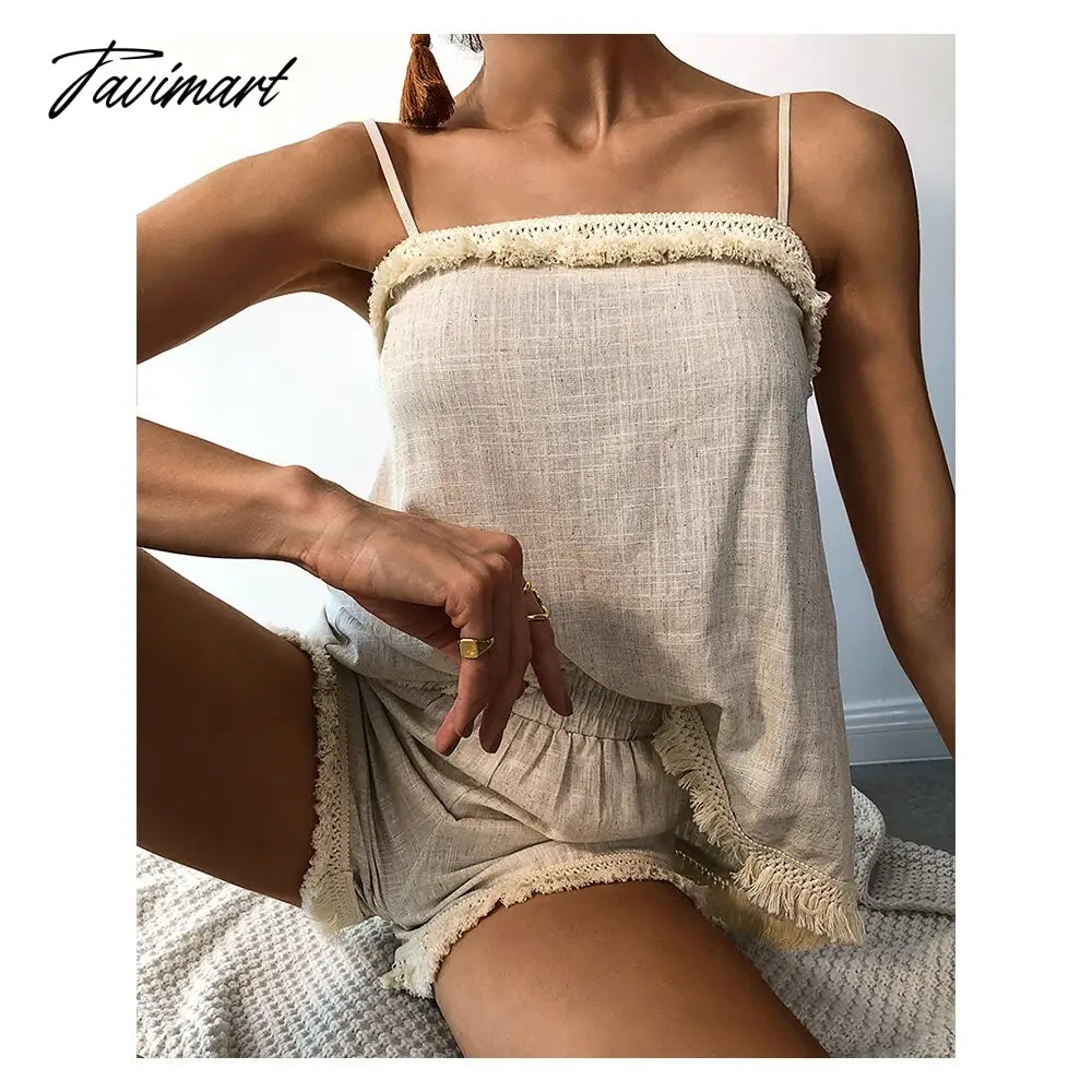 Chicme Summer Women Spaghetti Strap Tassel Design Top & Shorts Set Femme Sexy 2 Pieces Casual Street Wear Outfits Clothing