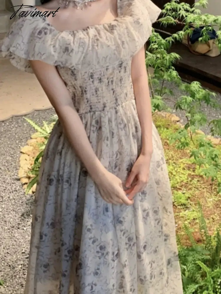 Chiffon Print Long Dresses Summer Slash Neck Ruffles Patchwork High Waist A-line Dress Female Beachwear Holiday Midi Dress