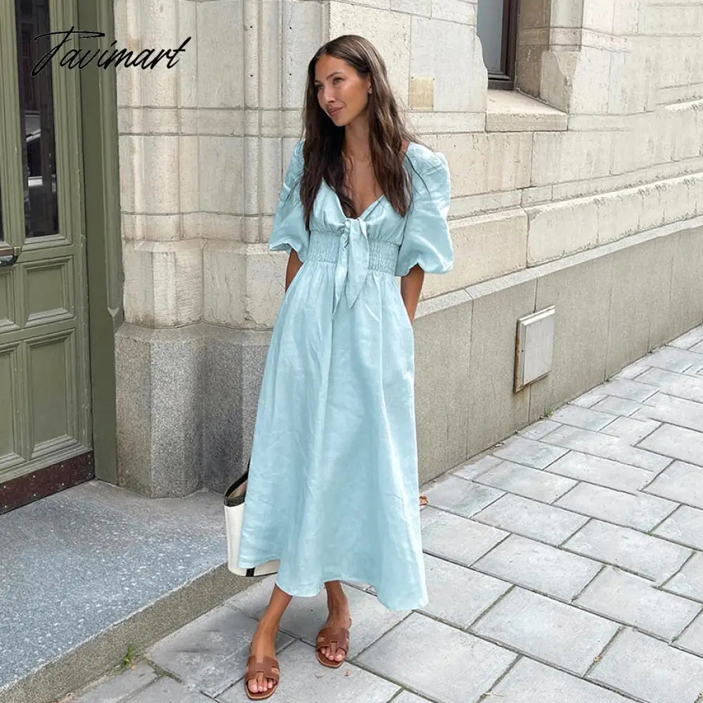 Cotton Linen Women'S Summer Dress French Style Sweet Puff Sleeve Elegant Party Dress For Women Long Maxi Sundress Robe