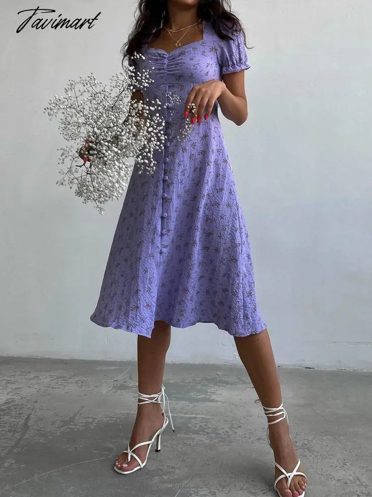 Dresses Floral Print Bubble Short Sleeve Vintage Print Women's Dress Square Neck A-Line Long Summer Dress Boho Festive Dres